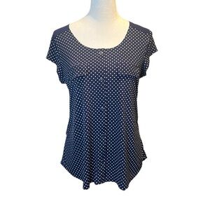 Diana Belle dark navy and white polka dot stretchy shirt size small EUC